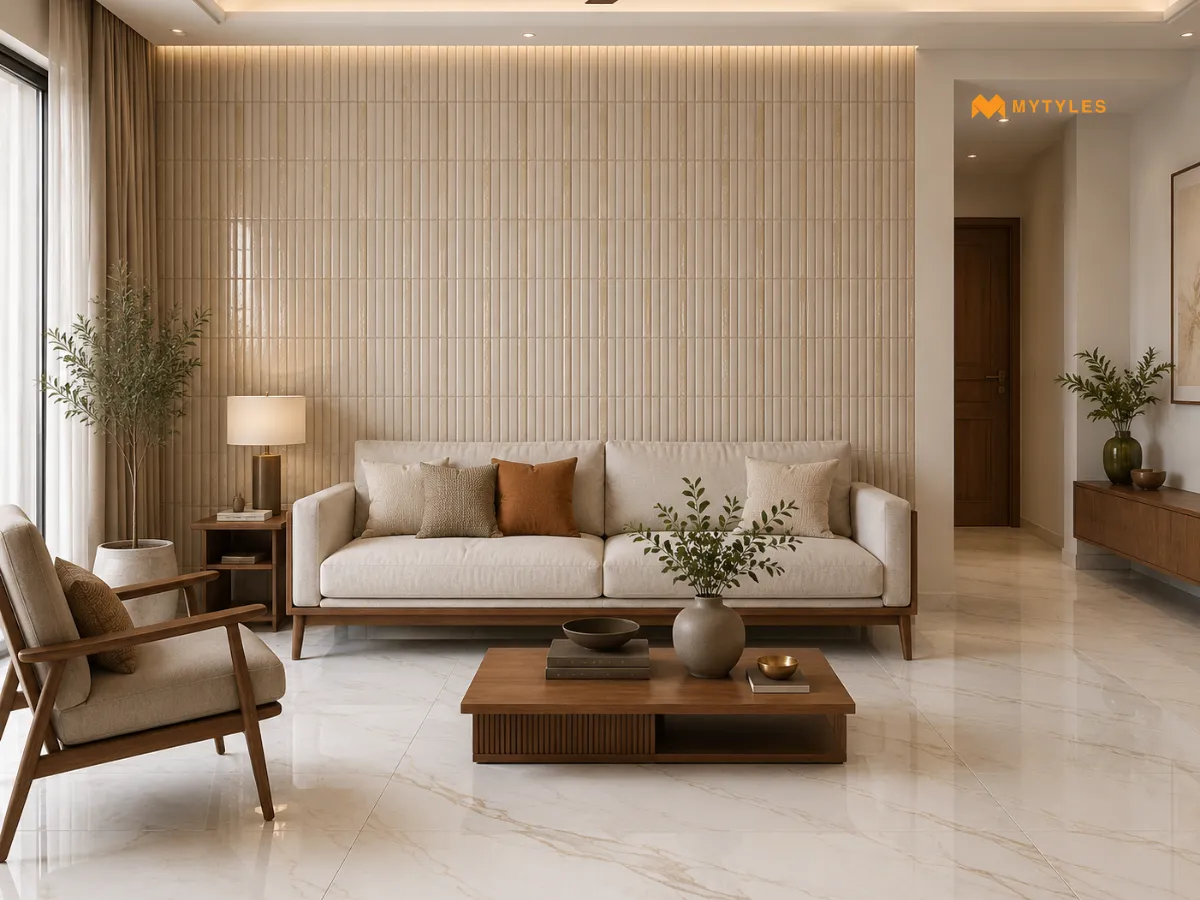 Beige Fluted Tile with White Marble-Look Tile 